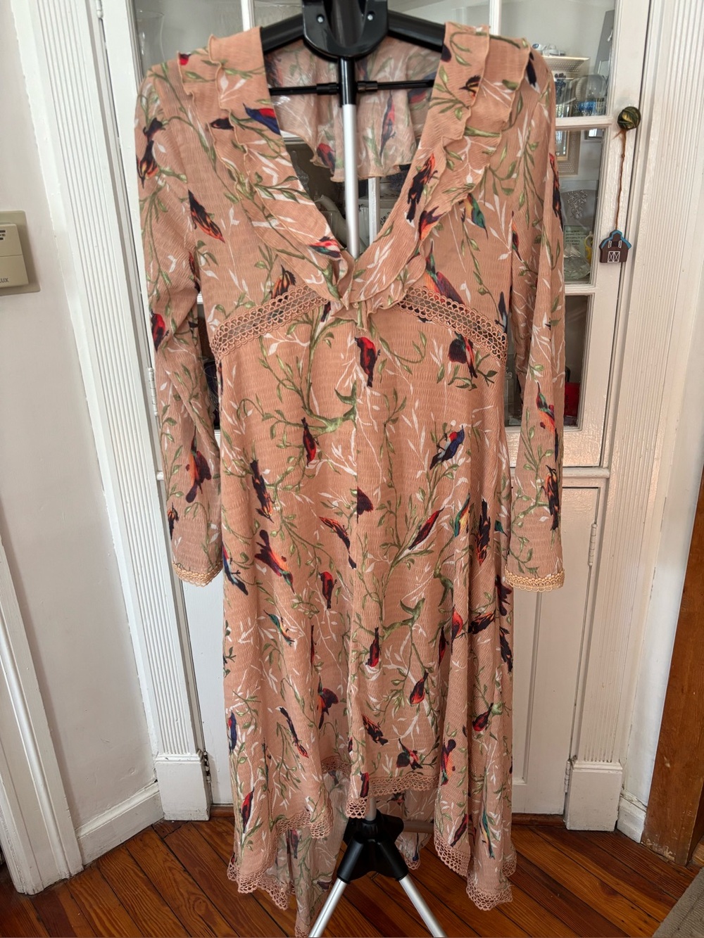 FoxieDox Light Peach Floral Bird-Print Long Sleeve Dress (From Bloomingdale’s)
